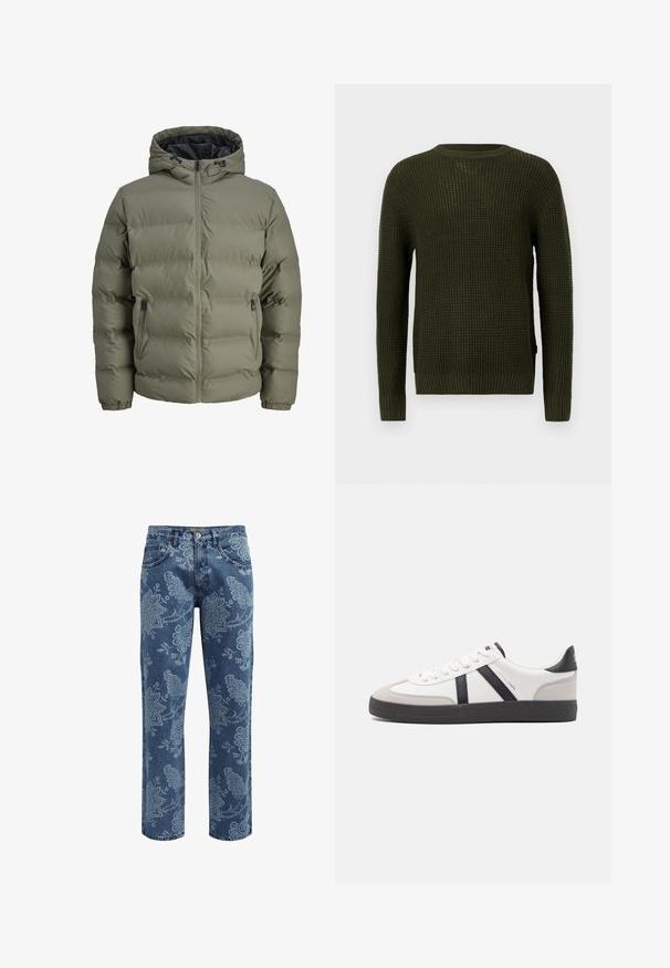Olivne zeleni pufer jakna s kapuco, zadrgo in dvema stranskima žepoma. Ima kviltasto teksturo in elastične manšete.; Olivno zeleno pleteno pulover s okroglo izrezom, dolgimi rokavi in rebrastimi manšeti. Opremljen je z teksturiranim vzorcem in udobnim krojem.; Džins hlače z modrim cvetličnim vzorcem. Ravni kroj, srednje pranje, pet žepov, zapiranje z gumbom in zadrgo ter pasni zank.; Bela športna obutev z črnimi in sivo akcenti, z teksturirano sivo kapico za prste, črnim gumijastim podplatom in ravnimi belimi vezalkami. Čista zasnova, minimalistični slog.