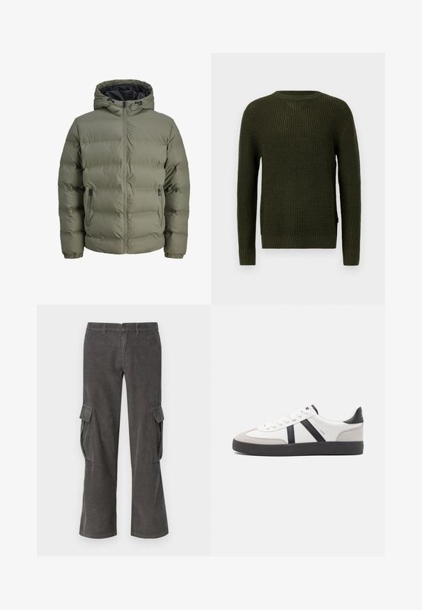 Oliven grøn oppustelig jakke med hætte, lynlåslukning og to sidelommer. Den har en quiltet tekstur og elastiske manchetter.; Olivengrøn strikket sweater med rund halsudskæring, lange ærmer og ribbede manchetter. Har et struktureret mønster og en afslappet pasform.; Grå corduroy cargo bukser med lige ben design, sidelommer og en subtil bølget tekstur. Knap- og lynlås-lukning i taljen.; Hvide sneakers med sorte og grå detaljer, med en tekstureret grå tåhætte, sort gummisål og flade hvide snørebånd. Rent design, minimalistisk stil.