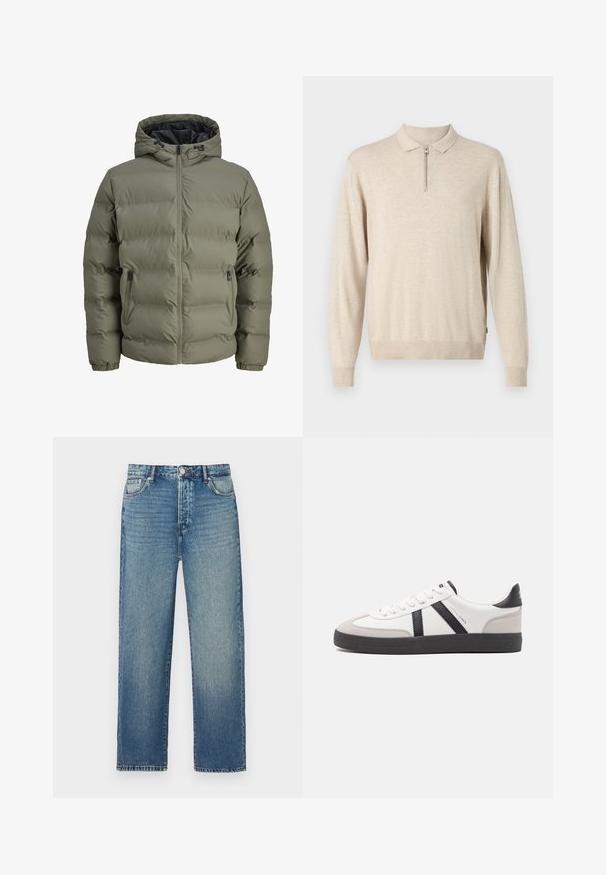 Alyvuogių žalios spalvos pūkinė striukė su kapuce, užtrauktuku ir dviem šoninėmis kišenėmis. Yra išklota tekstūra ir elastingi rankogaliai.; Bežinis ilgas rankovėmis megztinis su apykakle ir užtrauktuku. Pagamintas iš minkštos medžiagos su raukšlėtomis rankogaliais ir apačia.; Mėlyni džinsai su tiesia kirpimo forma, turintys klasikinį penkių kišenių dizainą, matomus siūlus ir išblukusį skalbimą.; Balti sportbačiai su juodais ir pilkais akcentais, pasižymintys tekstūruotu pilku pirštų dangteliu, juoda gumine padais ir plokščiomis baltomis raišteliais. Švarus dizainas, minimalistinis stilius.