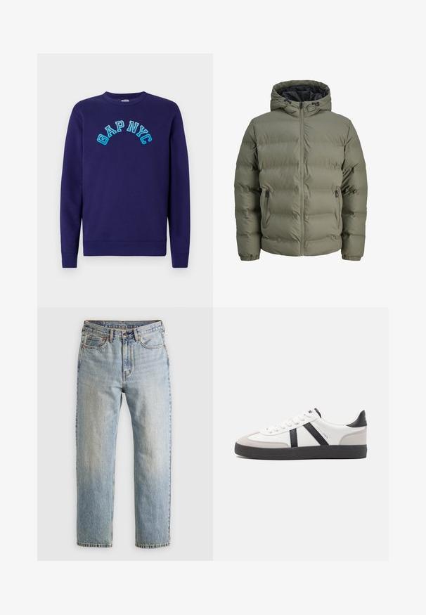 Olive roheline puffer-jakk kapuutsiga, lukuga ja kahe küljetaskuga. Omab tikandit ja elastseid varrukaotsi.; Tumesinine dressipluus, mis on valmistatud puuvillast, esiküljel on helesinise tikandiga kaarekujuline tekst "GAP NYC". Klassikaline ümmargune kaelus.; Heledad hele sinine teksapükste kõrge vöökoht, ees nupuga, lukuga ja viie taskuga disain, asetatud tasasele neutraalsele taustale.; Valged tossud mustade ja hallide aktsentidega, tekstureeritud halli varbakattega, musta kummitald ja lamedad valged paelad. Puhtad jooned, minimalistlik stiil.