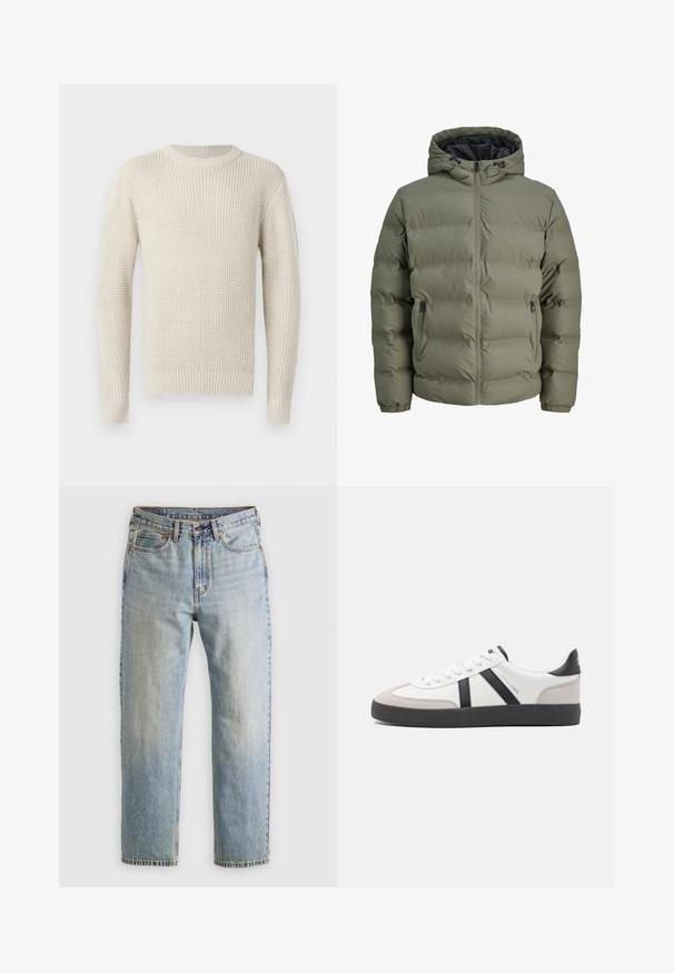 Olive green puffer jacket with a hood, zip closure, and two side pockets. Features quilted texture and elastic cuffs.; Cream-colored knit sweater with a ribbed texture, round neckline, and long sleeves. Features a loose fit and elastic cuffs and hem.; Light blue denim jeans with high waist, front button, zipper, and five-pocket design, laid flat on a neutral background.; White sneaker with black and gray accents, featuring a textured gray toe cap, black rubber sole, and flat white laces. Clean design, minimalist style.