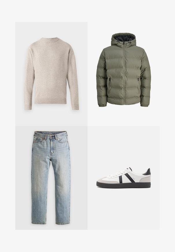 Olive green puffer jacket with a hood, zip closure, and two side pockets. Features quilted texture and elastic cuffs.; Beige knitted sweater with a round neckline, ribbed cuffs and hem, and a soft texture. Features a relaxed fit and long sleeves.; Light blue denim jeans with high waist, front button, zipper, and five-pocket design, laid flat on a neutral background.; White sneaker with black and gray accents, featuring a textured gray toe cap, black rubber sole, and flat white laces. Clean design, minimalist style.