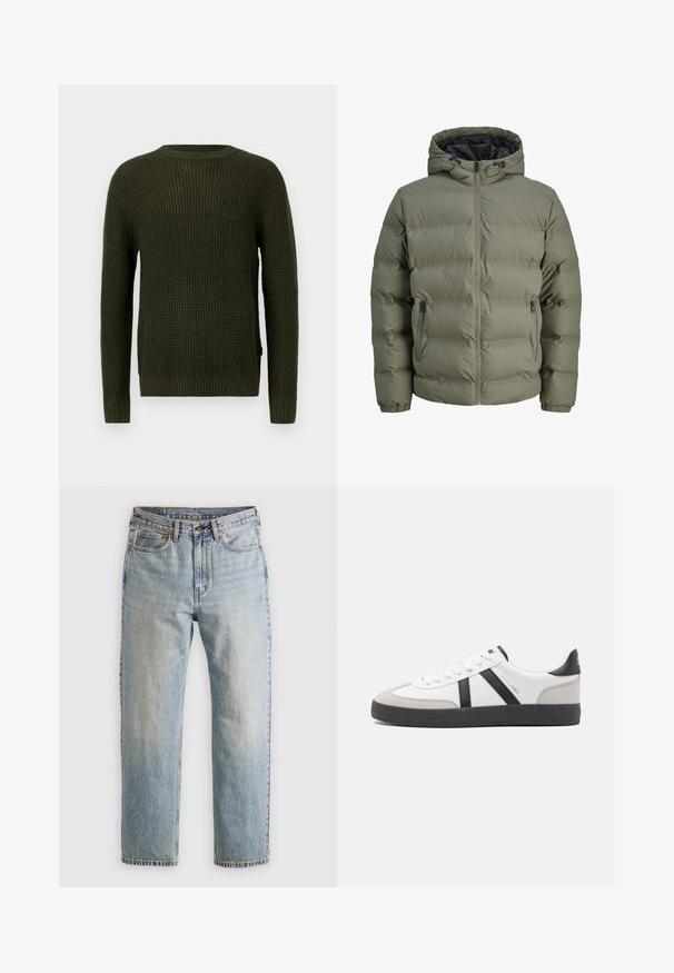 Doudoune verte olive avec capuche, fermeture éclair et deux poches latérales. Présente un texture matelassée et des poignets élastiques.; Pull en tricot vert olive avec un col rond, des manches longues et des poignets côtelés. Présente un motif texturé et une coupe décontractée.; Jean en denim bleu clair à taille haute, avec bouton avant, fermeture éclair et design à cinq poches, posé à plat sur un fond neutre.; Baskets blanches avec des accents noirs et gris, présentant un embout texturé gris, une semelle en caoutchouc noir et des lacets plats blancs. Design épuré, style minimaliste.