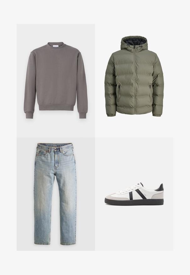 Olive green puffer jacket with a hood, zip closure, and two side pockets. Features quilted texture and elastic cuffs.; Gray sweatshirt with a round neck, ribbed cuffs, and hem. Made of soft fabric, featuring a simple, smooth texture and no patterns.; Light blue denim jeans with high waist, front button, zipper, and five-pocket design, laid flat on a neutral background.; White sneaker with black and gray accents, featuring a textured gray toe cap, black rubber sole, and flat white laces. Clean design, minimalist style.