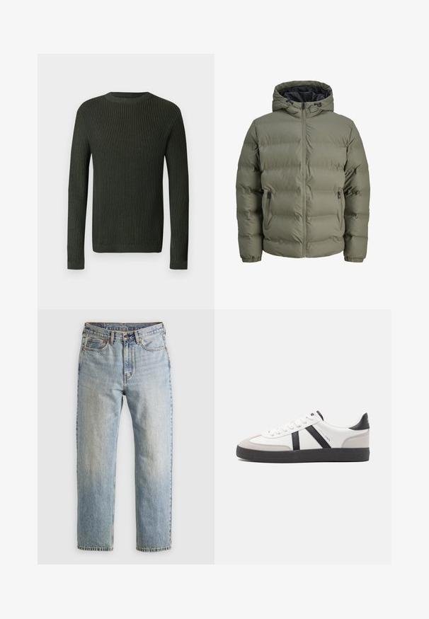 Giacca piumino verde oliva con cappuccio, chiusura con zip e due tasche laterali. Presenta una texture trapuntata e polsini elastici.; Maglione a girocollo a maniche lunghe di un verde scuro con un motivo a maglia leggermente testurizzato su uno sfondo chiaro.; Jeans in denim azzurro chiaro con vita alta, bottone anteriore, cerniera e design a cinque tasche, adagiati su uno sfondo neutro.; Sneaker bianco con accenti neri e grigi, dotata di una punta grigia testurizzata, suola in gomma nera e lacci bianchi piatti. Design pulito, stile minimalista.