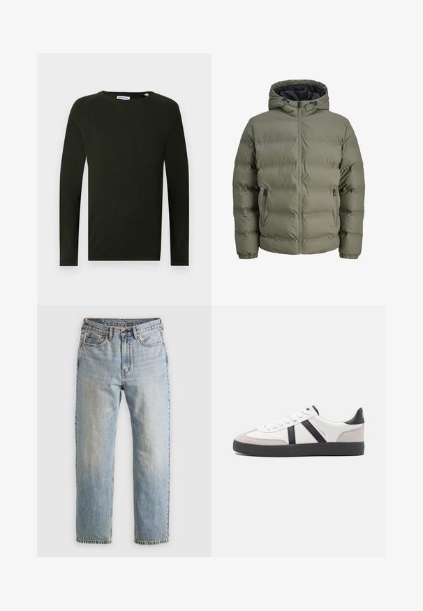 Alyvuogių žalios spalvos pūkinė striukė su kapuce, užtrauktuku ir dviem šoninėmis kišenėmis. Yra išklota tekstūra ir elastingi rankogaliai.; Tamsiai žalias ilgomis rankovėmis megztas marškinėliai su apvaliu kaklu, turintis tekstūruotą audinį ir prigludusias rankoves. Etišetė matoma ant kaklo.; Šviesiai mėlynos džinsinės kelnės su aukštu liemeniu, priekyje mygtukas, užtrauktukas ir penkių kišenių dizainas, išklotos ant neutralios fono.; Balti sportbačiai su juodais ir pilkais akcentais, pasižymintys tekstūruotu pilku pirštų dangteliu, juoda gumine padais ir plokščiomis baltomis raišteliais. Švarus dizainas, minimalistinis stilius.