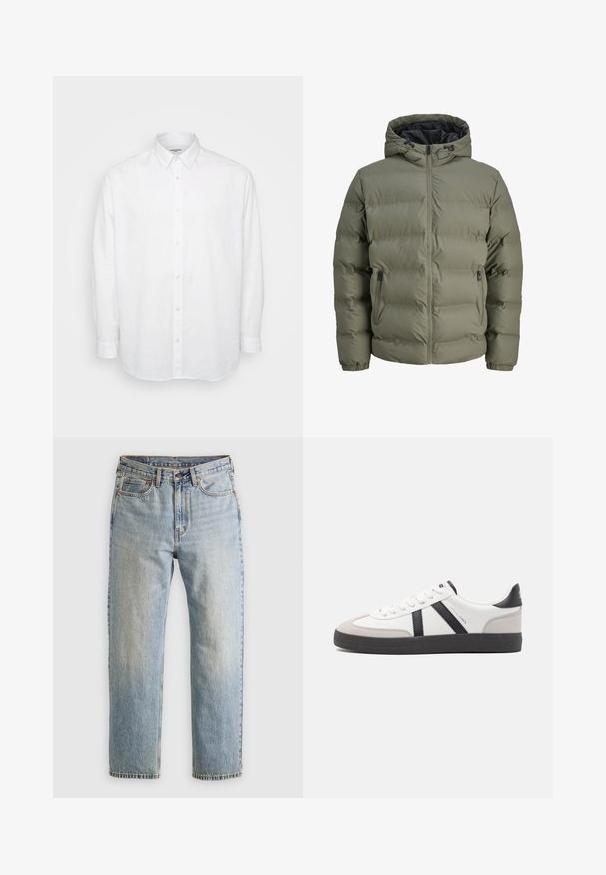 Doudoune verte olive avec capuche, fermeture éclair et deux poches latérales. Présente un texture matelassée et des poignets élastiques.; Chemise blanche à manches longues en lin léger, avec un col à bouton, des boutons sur le devant et une coupe décontractée avec des manches à poignet.; Jean en denim bleu clair à taille haute, avec bouton avant, fermeture éclair et design à cinq poches, posé à plat sur un fond neutre.; Baskets blanches avec des accents noirs et gris, présentant un embout texturé gris, une semelle en caoutchouc noir et des lacets plats blancs. Design épuré, style minimaliste.