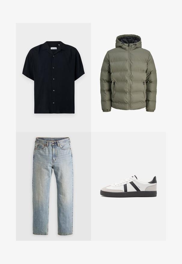 Olive roheline puffer-jakk kapuutsiga, lukuga ja kahe küljetaskuga. Omab tikandit ja elastseid varrukaotsi.; Lühikeste varrukatega must särk, mis on valmistatud kerge kangast, varustatud kraega, nööbiga kinnitusega ja mugava lõikega. Lihtne, ühes toonis disain ilma mustriteta.; Heledad hele sinine teksapükste kõrge vöökoht, ees nupuga, lukuga ja viie taskuga disain, asetatud tasasele neutraalsele taustale.; Valged tossud mustade ja hallide aktsentidega, tekstureeritud halli varbakattega, musta kummitald ja lamedad valged paelad. Puhtad jooned, minimalistlik stiil.