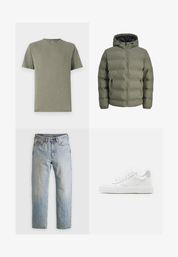 Olivne zeleni pufer jakna s kapuco, zadrgo in dvema stranskima žepoma. Ima kviltasto teksturo in elastične manšete.; Olivno zelena bombažna majica s kratkimi rokavi in okroglo ovratnikom, z mehko in gladko teksturo. Enostavna zasnova brez vzorcev ali dodatkov.; Svetlo modri džins hlače z visokim pasom, sprednjim gumbom, zadrgo in petimi žepi, laid flat na nevtralni podlagi.; Bele usnjene športne copate z gladkim zaključkom, okroglo konico, ravnimi vezalkami in teksturiranim podplatom. Sivi semiš detajl na peti.