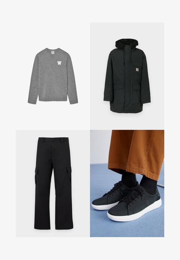 Musta parka-takki, jossa on villavuorattu huppu, etuvetoketju ja useita taskuja. Valmistettu kestävästä kankaasta, suorassa leikkauksessa ja säädettävillä nyöreillä.; Harmaa neulepaita, jossa on pyöreä kaulus ja ribattuja hihansuita. Vasemmassa rinnassa on valkoinen kirjailtu "W"-kiri. Pehmeä rakenne.; Musta cargo-housut suoralla lahkeella. Valmistettu kestävästä kankaasta, jossa on kaksi sivutaskua läppäkiinnityksellä ja nappisuljenta.; Musta mokkanahkakengät valkoisilla kumipohjilla, joissa on nauhakiinnitys, teksturoituja yksityiskohtia ja huomaamatonta brändäystä, yhdistettynä ruskeisiin housuihin.