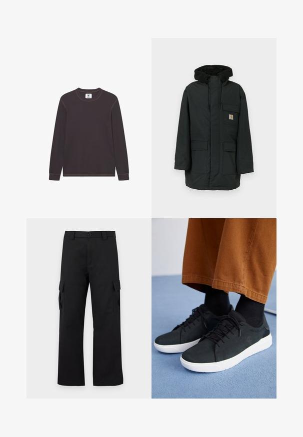 Juodas parko stiliaus paltas su vilnos pamušalu, priekinis užtrauktukas ir keli kišenės. Pagamintas iš tvirto audinio, tiesaus kirpimo, su reguliuojamomis raištelėmis.; Tamsiai ruda ilgarankovė termoponia su apykakle ir kontrastingais smėlio spalvos siūlais, išdėstyta plokščiai ant baltos fono.; Juodi cargo kelnės su tiesiu kojų dizainu. Pagamintos iš tvirto audinio, turi dvi šonines kišenes su užsegamais dangteliais ir mygtukų užtrauktuką.; Juodi zomšiniai sneakeriai su baltais guminiais padais, su raištelių uždėjimo dizainu, tekstūruotais akcentais ir subtiliu prekių ženklu, derinami su rudomis kelnėmis.