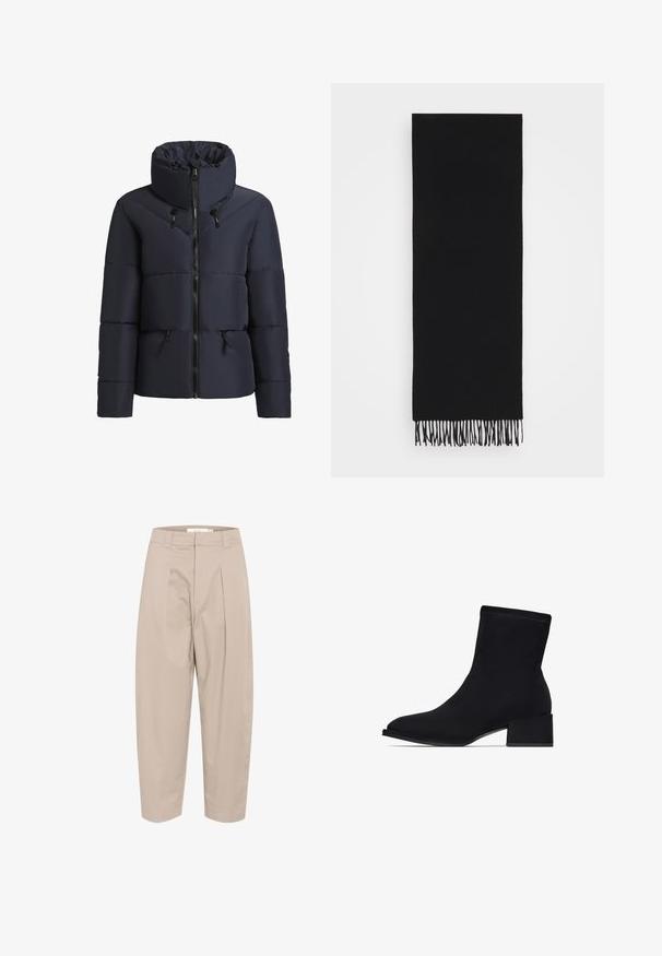 khujo FLAIRE - Winterjacke - dunkelblau; Weißes T-Shirt mit kurzen Ärmeln aus glattem Baumwollstoff. Es hat einen runden Halsausschnitt und einen geraden Schnitt, ohne Muster oder Verzierungen.; Beige, Baumwollmischung-Hosen mit lockerem Schnitt, featuring vorderen Falten, einem elastischen Bund und verkürzten Beinen. Schlichtes Design, keine Muster oder Akzente.; Schwarze Knöchelstiefel aus glattem Stoff, mit einer spitzen Zehe und einem klobigen Absatz. Nahtdetails verleihen dem Design eine subtile Textur.; Schwarzer Schal aus weichem Stoff, rechteckige Form mit fransigen Kanten, glatte Textur und ohne sichtbare Muster oder Beschläge.