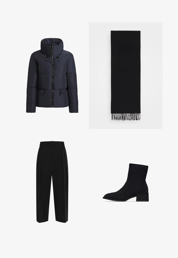 khujo FLAIRE - Zimní bunda - dunkelblau; Bílý krátký rukáv tričko vyrobené z hladké bavlny. Má kulatý výstřih a rovný střih, bez vzorů nebo ozdob.; Černé kalhoty s vysokým pasem, sklady na přední straně a rovný střih nohavic. Vyrobeny z hladkého materiálu s čistým provedením a bez viditelného kování.; Černé kotníkové boty vyrobené z hladkého materiálu, s špičatou špičkou a robustním podpatkem. Prošívání dodává designu jemnou strukturu.; Černý šátek z měkkého materiálu, obdélníkového tvaru s třásněmi na okrajích, hladkým povrchem a bez viditelných vzorů nebo kovových prvků.