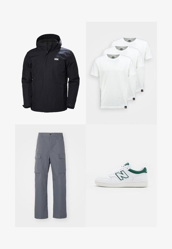 Zwarte waterdichte jas met een capuchon, ritssluiting aan de voorkant en twee zijzakken. Heeft een logo op de linkerkant van de borst en elastische manchetten.; Drie eenvoudige witte katoenen T-shirts met korte mouwen. Elk shirt heeft een ronde halslijn en een klein zwart logo-label aan de linkerkant.; Grijze cargobroek van duurzaam materiaal. Kenmerken zijn een elastische tailleband, twee grote zijzakken en een rechte pijp.; Witte sneaker met groene accenten, leren bovenwerk, geperforeerde teen, vetersluiting en gestructureerde rubberen zool. Heeft een prominent "N"-logo.