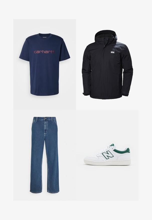 Črna vodoodporna jakna s kapuco, sprednjim zadrgo in dvema stranskima žepek. Ima logo na levem prsnem delu in elastične manšete.; Carhartt WIP SCRIPT - Potiskana majica - air force blue/malbec; Modre džins hlače s ravnim krojem, zasnovo petih žepov, s kovinsko zaponko in vidno šivom vzdolž šivov in roba.; Bela teniska z zelenimi detajli, zgornji del iz usnja, perforiran prst, vezalna zapirala in teksturiran gumijast podplat. Ima izstopajoč logotip "N".