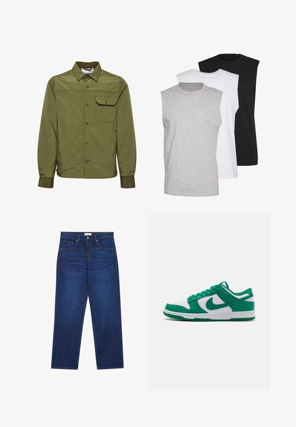 Olivgrön jacka i slätt, lätt material med knappstängning i fronten, spetsig krage och en bröstficka.; Tre ärmlösa t-shirts i grått, vitt och svart. Mjukt bomullsmaterial med rundad halsringning och avslappnad passform. Enkelt design, inga mönster.; Deminjeans i mörkblått med raka ben, med knapp- och dragkedjestängning, fem fickor och synliga sömdetaljer.; Grön och vit Nike Dunk sneaker med slät läderöverdel, perforerad tå, gröna snören och gummikjol med ett texturerat mönster.