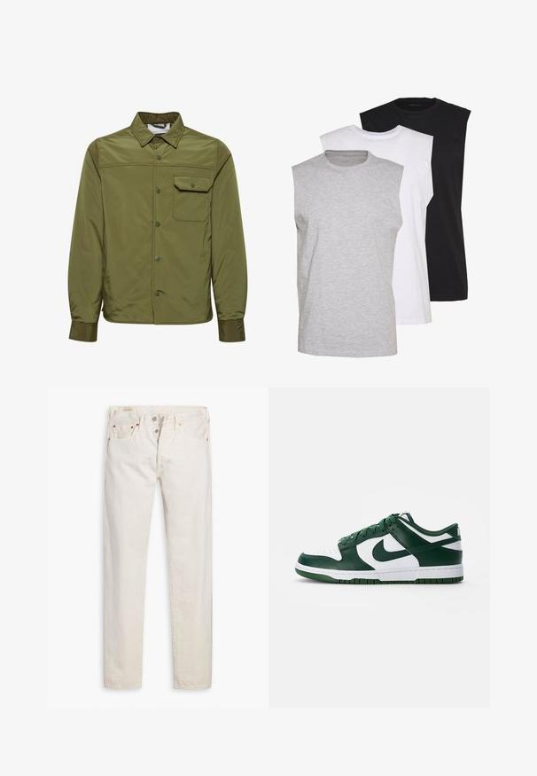 Olīvu zaļš žakets, izgatavots no gludas, vieglas materiāla, ar pogājamu priekšpusi, norādītu apkakli un vienu krūšu kabatu.; Trīs bezpiedurkņu T-krekli pelēkā, baltā un melnā krāsā. Mīksts kokvilnas materiāls ar apaļu kakla izgriezumu un brīvu piegriezumu. Vienkāršs dizains, bez rakstiem.; Off-white augstās jostasvietas šaurās bikses ar pogu aizdari, piecām kabatām un vara kniedēm, izklātas uz balta fona.; Zaļi un balti sporta apavi ar ādas augšdaļu, perforētu purngalu, izteiksmīgu logo un gumijas zoli. Iezīmējas ar kontrastējošiem zaļiem akcentiem.