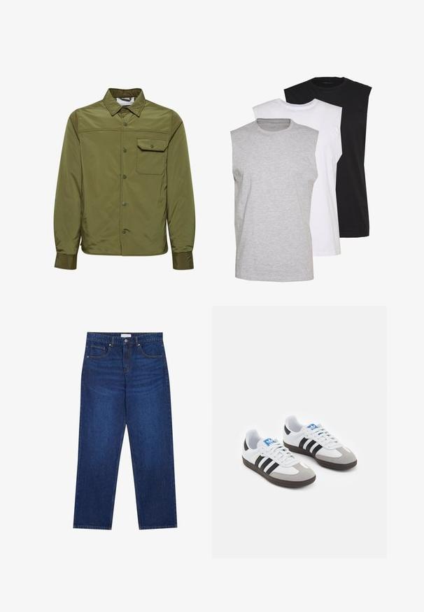 Chaqueta verde olivo hecha de un material liso y ligero, con cierre de botones en la parte delantera, cuello puntiagudo y un bolsillo en el pecho.; Tres camisetas sin mangas en gris, blanco y negro. Material de algodón suave con cuello redondo y corte relajado. Diseño simple, sin patrones.; Vaqueros de mezclilla en azul oscuro con un diseño de pierna recta, que cuentan con un cierre de botón y cremallera, cinco bolsillos y detalles de costura visibles.; Zapatillas deportivas con parte superior de piel blanca, puntera de ante gris y tres rayas negras. Presentan un logo azul en la lengüeta y una suela de goma texturizada.
