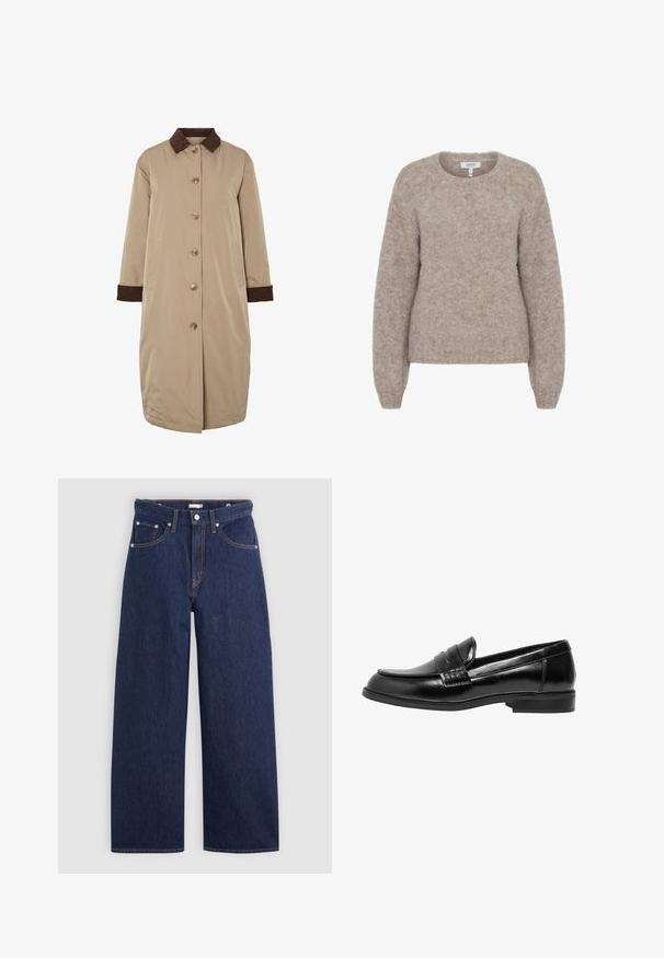 Abrigo beige con cuello de pana marrón, cierre frontal de botones, mangas largas y bolsillos laterales. Tejido suave con un diseño de largo hasta la rodilla.; b.young BYMILLER - Jersey de punto - humus melange; Camiseta blanca de algodón con mangas cortas y cuello redondo. Cuenta con una etiqueta rosa en el interior del cuello. Textura suave.; Jeans de mezclilla de tiro alto en azul oscuro con perneras anchas, que cuentan con cinco bolsillos, lazos para cinturón y detalles de costura en color cobre. Textura suave.; Mocasin de cuero negro con un acabado suave, punta redondeada y costuras decorativas en la parte frontal. Suela de goma plana, diseño clásico.