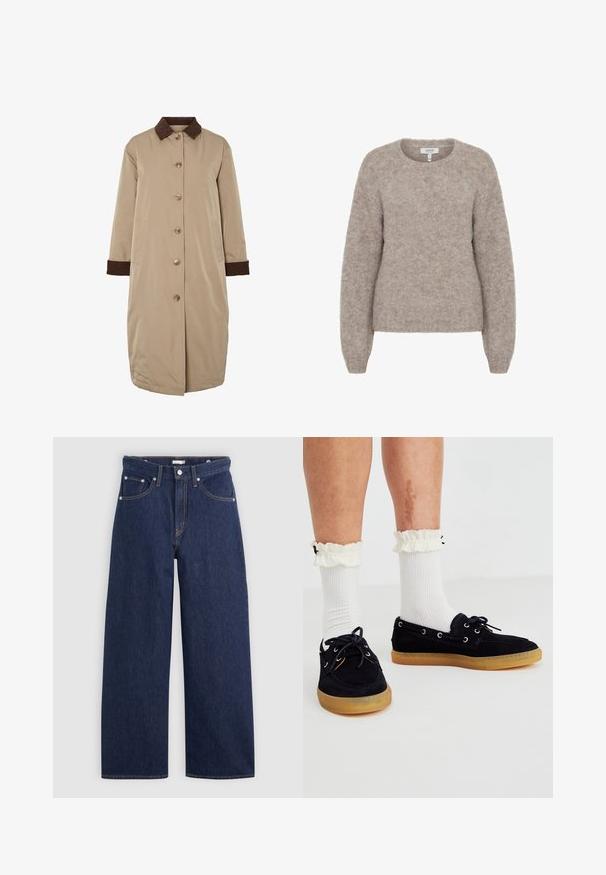 Beige takki, jossa on ruskea corduroy-kaulus, edessä napitus, pitkät hihat ja sivutaskut. Tasainen kangas ja polvipituinen muotoilu.; b.young BYMILLER - Neule - humus melange; Valkoinen puuvillapaita, jossa on lyhyet hihat ja pyöreä pääntie. Sisäkauluksessa on vaaleanpunainen etiketti. Sujuva kangas.; Tummansiniset leveät farkut korkealla vyötäröllä, joissa on viisi taskua, vyölenkit ja kuparinväriset ompelukoneet. Sileä pinta.; Laivasto siniset mokka veneet kengät, joissa on kumipohjat, hopeiset silmukat ja nauhat. Yhdistetty valkoisten röyhelökaulusten sukkiin.