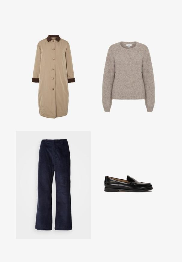 Cappotto beige con colletto in velluto a coste marrone, chiusura frontale con bottoni, maniche lunghe e tasche laterali. Tessuto morbido con un design fino al ginocchio.; b.young BYMILLER - Maglione - humus melange; T-shirt bianco in cotone con maniche corte e collo rotondo. Presenta un'etichetta rosa all'interno del collo. Texture liscia.; Pantaloni a gamba larga in corduroy navy con righe verticali, vita elastica e senza hardware visibile. Texture morbida e vestibilità rilassata.; Mocassino in pelle nera con punta arrotondata, design slip-on e dettagli di cucitura discreti lungo la parte superiore. Suola piatta in gomma.