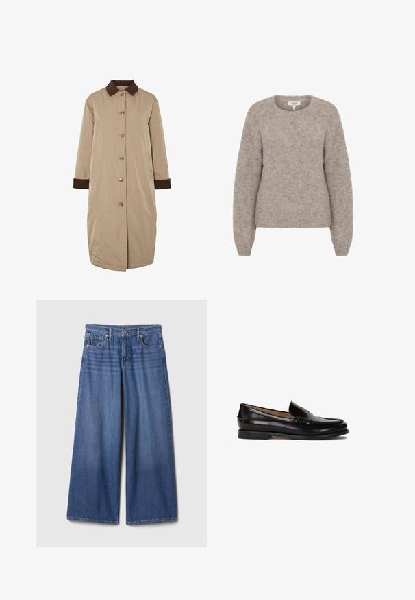 Beige kappa med brunt kordflöjelskrage, knapplist fram, långa ärmar och sidofickor. Slät tyg med knälång design.; b.young BYMILLER - Stickad tröja - humus melange; Vit bomull t-shirt med korta ärmar och rund halsringning. Har en rosa etikett på insidan av halsen. Slät textur.; Jeans med vida ben i mellanblå denim, med hög midja, fem fickor och sömnadsdetaljer. Slät textur, enkel finish utan dekorationer.; Svart läderloafer med rundad tå, slip-on-design och subtila sömnadsdetaljer längs ovandelen. Platt gummisula.