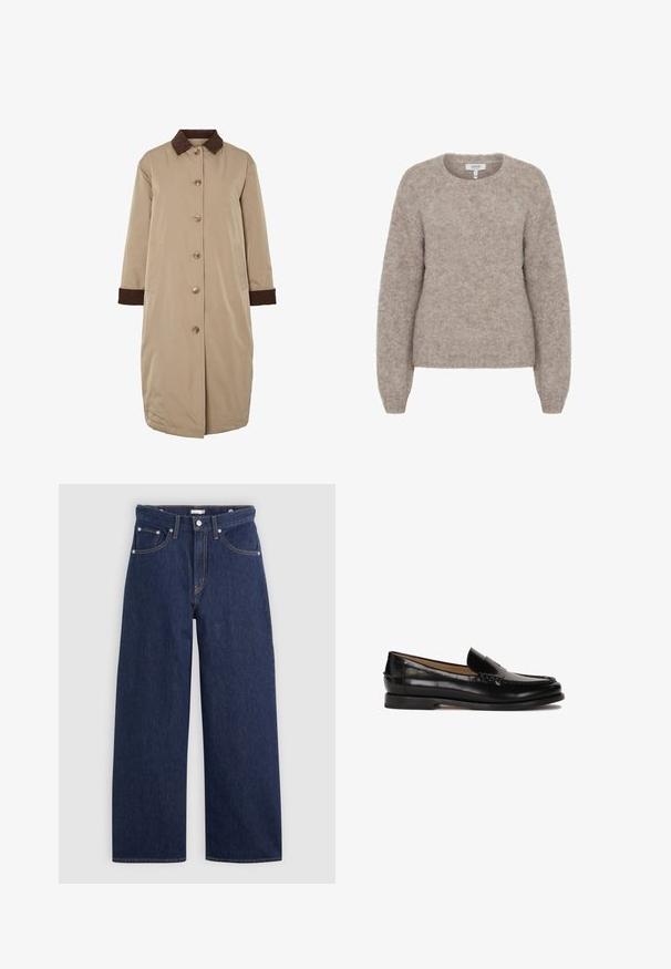 Beige Mantel mit braunem Cordkragen, vorderer Knopfverschluss, langen Ärmeln und seitlichen Taschen. Glatter Stoff mit einem knielangen Design.; b.young BYMILLER - Strickpullover - humus melange; Weißes Baumwoll-T-Shirt mit kurzen Ärmeln und einem runden Ausschnitt. Verfügt über ein pinkes Etikett am inneren Hals. Glatte Textur.; Dunkelblaue Denim-Hose im weiten Schnitt mit hoher Taille, ausgestattet mit fünf Taschen, Gürtelschlaufen und Kupfernähten. Glatte Textur.; Schwarzer Lederloafer mit runder Zehenpartie, schlupfendem Design und dezenten Nahtdetails entlang des Oberteils. Flache Gummisohle.