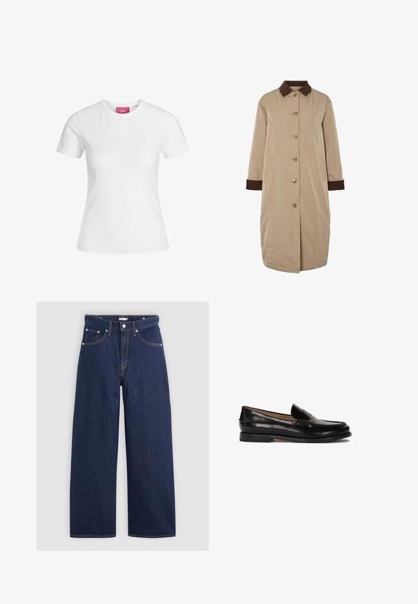 Palton bej cu guler din corduroy maro, închidere cu nasturi pe față, mâneci lungi și buzunare laterale. Tela netedă cu un design până la genunchi.; b.young BYMILLER - Pulover - humus melange; Tricou alb din bumbac, cu mâneci scurte și decolteu rotund. Prezintă o etichetă roz pe gulerul interior. Textură netedă.; Jeans wide-leg din denim albastru închis, cu talie înaltă, având cinci buzunare, curea și detalii cu cusături din cupru. Textură netedă.; Loafer din piele neagră, cu vârf rotunjit, design slip-on și detalii subtile de cusătură pe partea superioară. Talpă din cauciuc plat.