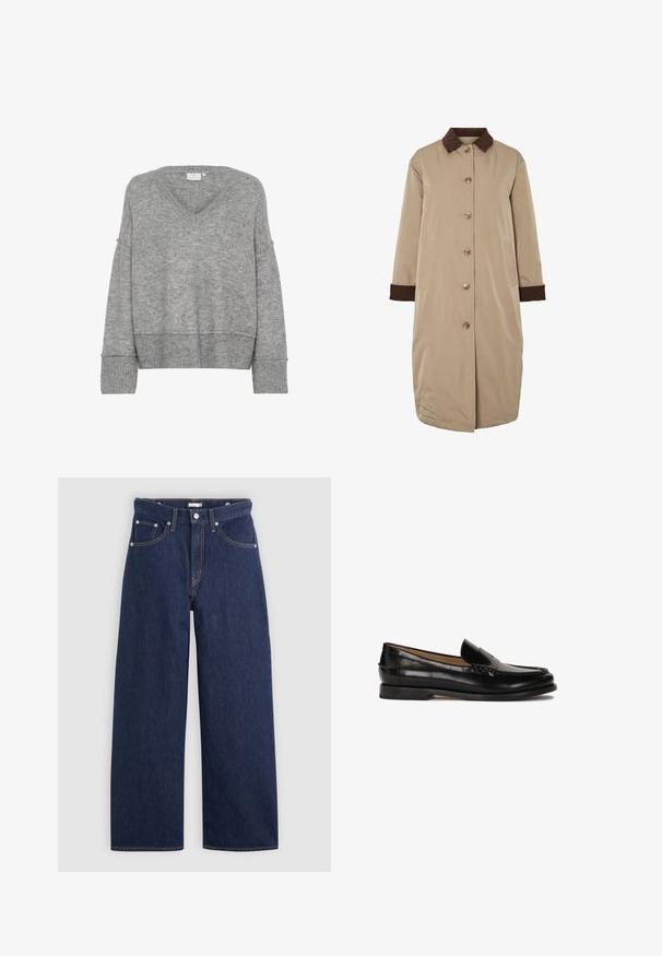 Bežs mētelis ar brūna samta apkakli, priekšējā pogu aizdare, garām piedurknēm un sānu kabatām. Gluda auduma, ceļgalu garuma dizains.; Pelēks adīts džemperis ar V-veida kakla izgriezumu, pārāk lielu piegriezumu, platām piedurknēm un ribotām aprocēm. Mīksta tekstūra; bezšuvju dizains bez rakstiem vai rotājumiem.; Balta kokvilnas t-krekls ar īsām piedurknēm un apaļu kakla izgriezumu. Iekšējā kakla daļā ir rozā etiķete. Gluda tekstūra.; Tumši zilie džinsi ar platu kāju un augstu jostas vietu, kuriem ir pieci kabatas, jostas cilpas un varškrāsas šuvju detaļas. Gluda tekstūra.; Melnas ādas loferes ar noapaļotu purngalu, viegli uzvelkamas un ar diskrētām dūrieniem augšdaļā. Vienkārša gumijas zole.