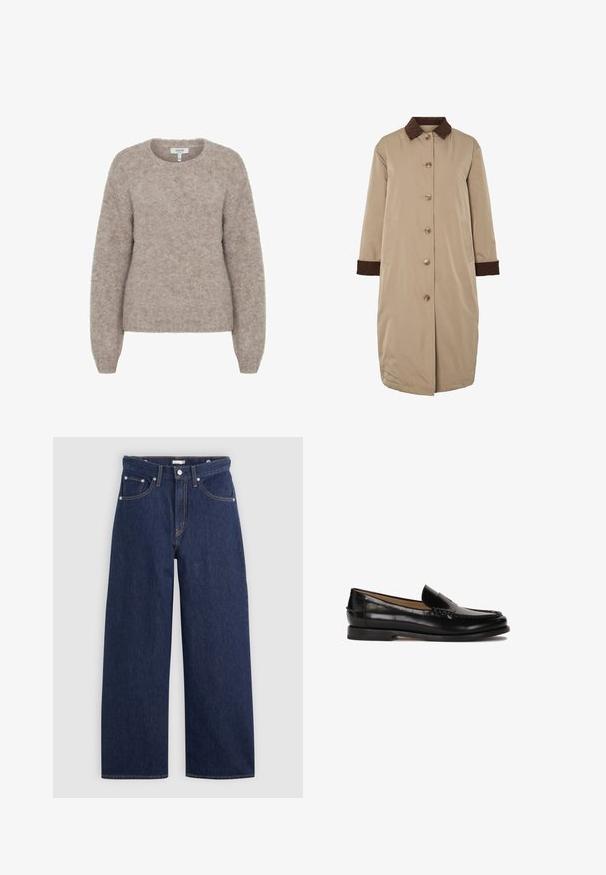 Beige kabát s hnědým manžetovým límcem, zapínání na knoflíky v přední části, dlouhé rukávy a boční kapsy. Hladká látka s délkou po kolena.; b.young BYMILLER - Svetr - humus melange; Bílý bavlněný tričko s krátkým rukávem a kulatým výstřihem. Obsahuje růžovou etiketu na vnitřní straně límce. Hladká textura.; Tmavě modré denimové široké džíny s vysokým pasem, obsahující pět kapes, poutka na opasek a detaily měděného prošívání. Hladká textura.; Černé kožené mokasíny s kulatou špičkou, jednoduchým designem na obouvání a diskrétními prošívanými detaily na svršku. Plochá gumová podrážka.