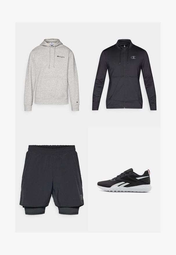 Mustade sportlikud tõmblukuga jakk kõrge kraega, kapuutsiga, millel on reguleeritav nööp ja külgmised taskud. Sile kangas, millel on kerge sära ja logo detail.; Hall koos nööriga, kängurutasku ja tikitud logoga rinnal. Puuvilla segu kangas ribadega mansettide ja äärega.; Mustad mustriga mustikud, millel on elastne vöökoht, kihiline disain ja liibuv sisemine vooder. Omab diskreetset logo alumises osas.; Mustad mustat spordijalatsid, millel on sissetõmmatav pealis, valged detailid, tekstureeritud talla ja punane kandmisosa lisadetailideks.