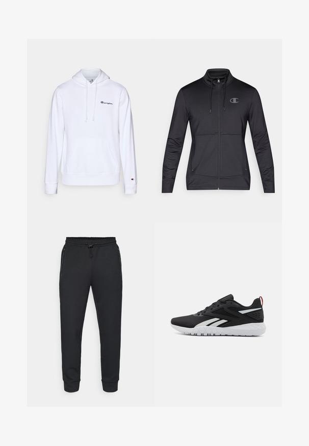 Svart sportslig zip-up jakke med høy krage, justerbar hette og sidelommer. Glatt stoff med en subtil glans og logo-detalj.; Hvit hettegenser laget av myk bomull, med en frontlomme, snøring i hetta, og svart brodert logo på brystet.; Svart atletiske joggebukser med elastisk midje og snøring, sidelommer med glidelås og ribbede mansjetter. Laget av et mykt, strukturert stoff.; Sorte sportsko med mesh-overdel, hvite detaljer, teksturert såle og en rød hæltab for ekstra detaljer.