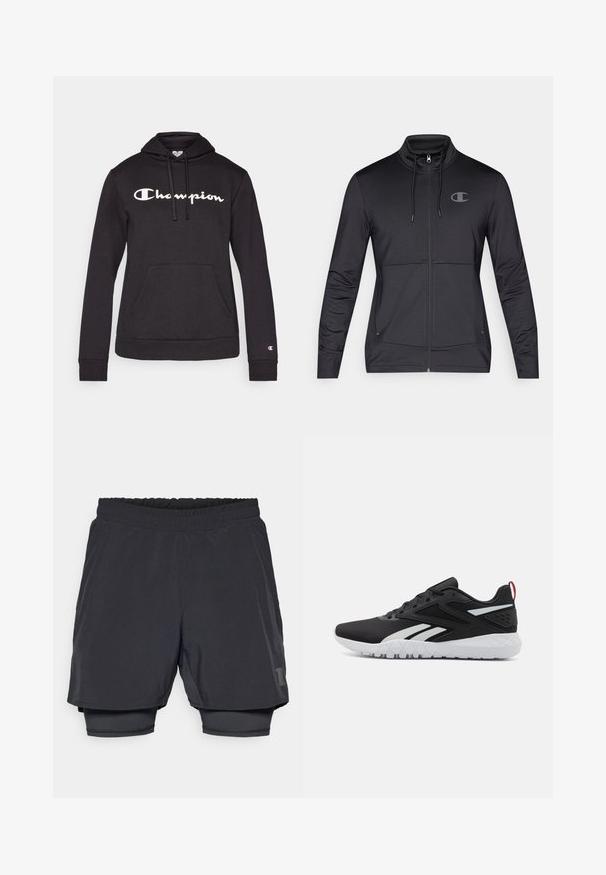 Sort atletisk zip-up jakke med høj krave, snoretræk i hætten og sidelommer. Glat stof med en subtil glans og logo detalje.; Sort hoodie lavet af blødt stof, med et stort hvidt "Champion" logo på forsiden, kængurulomme og ribbede manchetter.; Sorte atletiske shorts med elastisk talje, lagdelt design og en tætsiddende inderforing. Har et subtile logo på den nederste side.; Sorte atletiske sko med en mesh-overdel, hvide detaljer, tekstureret sål og en rød hælflap for ekstra detaljer.