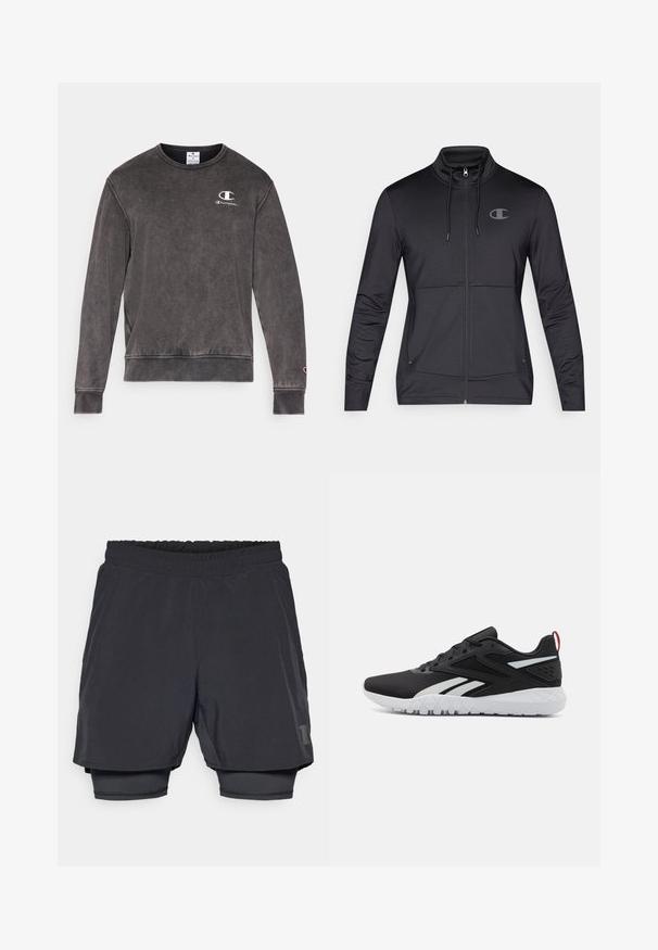 Black athletic zip-up jacket with high collar, drawstring hood, and side seam pockets. Smooth fabric with a subtle sheen and logo detail.; Dark gray sweatshirt made of cotton blend, featuring a round neckline, ribbed cuffs, and a small embroidered logo on the chest.; Black athletic shorts with an elastic waistband, layered design, and a fitted inner lining. Features a subtle logo on the lower side.; Black athletic shoes featuring a mesh upper, white accents, textured sole, and a red heel tab for added detail.