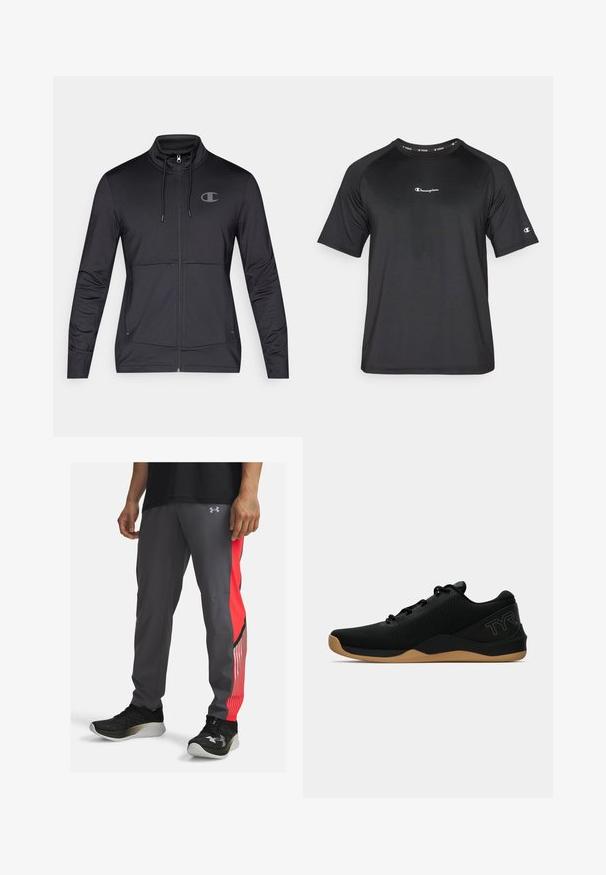 Black athletic zip-up jacket with high collar, drawstring hood, and side seam pockets. Smooth fabric with a subtle sheen and logo detail.; Champion LIGHT STRETCH - Sports T-shirt - black; Athletic pants in gray with a red side panel and striped accents. Made of lightweight material. Features a logo on the hip and pockets.; Black athletic shoes with a textured mesh upper, lace-up design, and a rubber gum sole. Features subtle branding in blue on the heel.