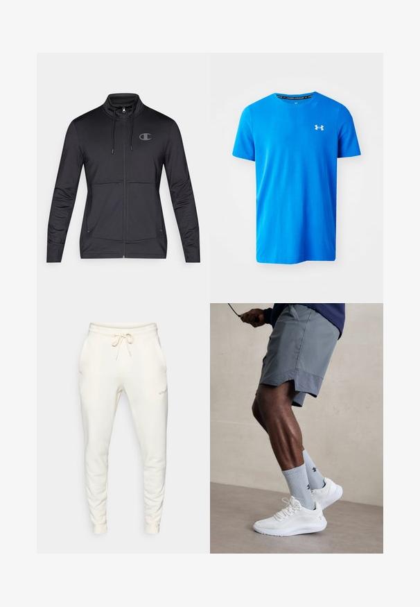 Black athletic zip-up jacket with high collar, drawstring hood, and side seam pockets. Smooth fabric with a subtle sheen and logo detail.; Blue short-sleeve T-shirt made of breathable fabric, featuring a subtle textured pattern and a white Under Armour logo on the chest.; White sweatpants made of soft fabric, featuring an elastic waistband with drawstring, side pockets, and ribbed cuffs.; White athletic shoes with textured mesh upper, paired with light blue ribbed socks featuring a logo. Grey athletic shorts with perforated trim.