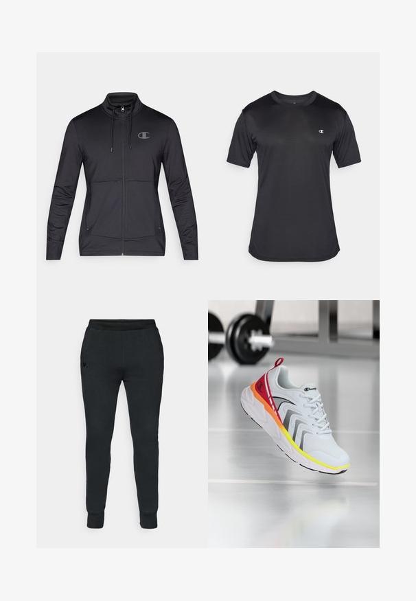 Zwarte sportieve zip-up jack met hoge kraag, trekkoordkap en zijzakken. Glad materiaal met een subtiele glans en logodetail.; Zwart sportshirt met korte mouwen, vervaardigd uit een gestructureerde, ademende stof; voorzien van een ronde halslijn en een logo op de linkerborst.; Zwarte sweatpants met een gestructureerd ontwerp, elastische tailleband, ribgebreide boorden en een klein logo op de linkerheup. Zachte stofkwaliteit.; Witte sportieve sneaker met een bovenwerk van mesh, kleurrijke accenten in rood, oranje en geel, met een gestructureerde zool en zwarte details.