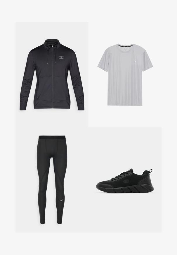 Svart sportig zip-up jacka med hög krage, dragsko huva och sidofickor. Slät tyg med en subtil lyster och logodetalj.; Ljust grå kortärmad T-shirt i strukturerad tyg. Har en rund halsringning och en liten logotyp på bröstet.; Svarta träningsleggings med en slät textur, med en åtsittande design och subtil sömnadsdetaljer. Inkluderar en liten logotyp på den nedre delen av benet.; Svarta atletiska sneakers med nätöverkonstruktion, förstärkt tå, texturerad mellansula och bakre dragflik för enkel påtagning. Logotyp visas på sidan.