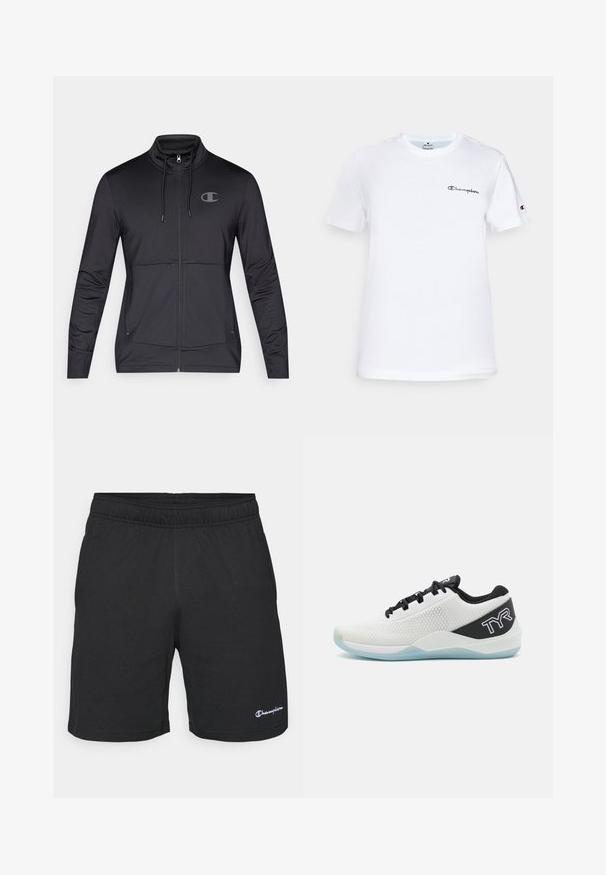 Black athletic zip-up jacket with high collar, drawstring hood, and side seam pockets. Smooth fabric with a subtle sheen and logo detail.; White cotton t-shirt with a crew neckline, short sleeves, and a black embroidered "Champion" logo on the chest and sleeve accent.; Black athletic shorts with an elastic waistband, made of soft fabric, featuring a small white logo on the lower left side.; TYR CXT2 - Training shoe - black/white/blue