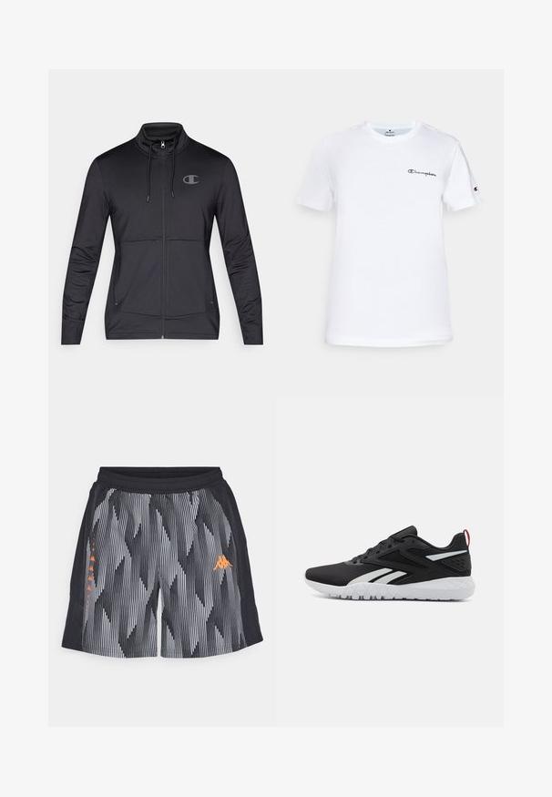 Chaqueta deportiva negra con cremallera, cuello alto, capucha con cordón y bolsillos laterales. Tejido suave con un sutil brillo y detalle de logo.; Camiseta de algodón blanca con cuello redondo, mangas cortas y un logo bordado en negro de "Champion" en el pecho y un acento en la manga.; Pantalones cortos a rayas blancas y negras con un patrón de diamantes, que cuentan con una cinturilla elástica y un logo naranja en el lateral.; Zapatillas deportivas negras con parte superior de malla, acentos blancos, suela texturizada y una pestaña en el talón roja para un detalle adicional.