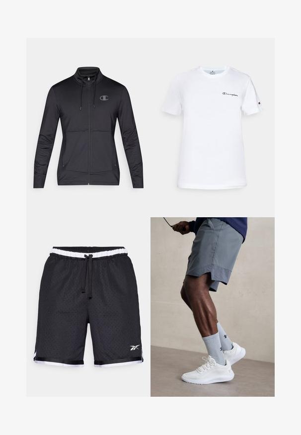 Svart sportslig zip-up jakke med høy krage, justerbar hette og sidelommer. Glatt stoff med en subtil glans og logo-detalj.; Hvit bomull t-skjorte med rund hals, kortermet, og med svart brodert "Champion" logo på brystet og på ermeakkcent.; Svart mesh idrettsshorts med teksturert overflate, elastisk livlinning, svart snor og hvite detaljer ved kanten og logoen.; Hvite treningssko med teksturert mesh-overdel, kombinert med lyseblå ribbestrikkede sokker med logo. Grå treningsshorts med perforert kant.