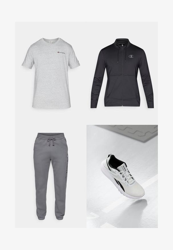 Zwarte sportieve zip-up jack met hoge kraag, trekkoordkap en zijzakken. Glad materiaal met een subtiele glans en logodetail.; Grijze T-shirt met korte mouwen van een katoenmix. Voorzien van een klein geborduurd "Champion" logo op de linkerborst.; Champion ICONS ELASTIC-CUFF SLIM FIT - Trainingsbroek - foggy; Lichtgrijze sportschoen met zwarte accenten, textuurmelange bovenwerk, gevoerde zool en vetersluiting. Voorzien van een treklus op de hiel.