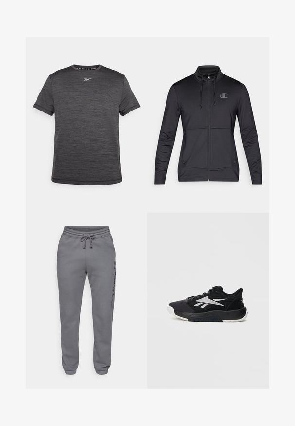 Fekete sportos cipzáras dzseki magas gallérral, húzózsinóros kapucnival és oldalsó zsebekkel. Sima anyag, finom fénylés, logó részlettel.; Sötét szürke technikai sportpóló, rövid ujjakkal, kerek nyakkal, és egy diszkrét Reebok logóval az elején. Puha tapintású.; Champion ICONS ELASTIC-CUFF SLIM FIT - Tréningruha alsók - foggy; Fekete sportcipő hálós felsőrésszel, megerősített orr-résszel, fehér logóval és texturált talppal. Különböző sporttevékenységekhez alkalmas.