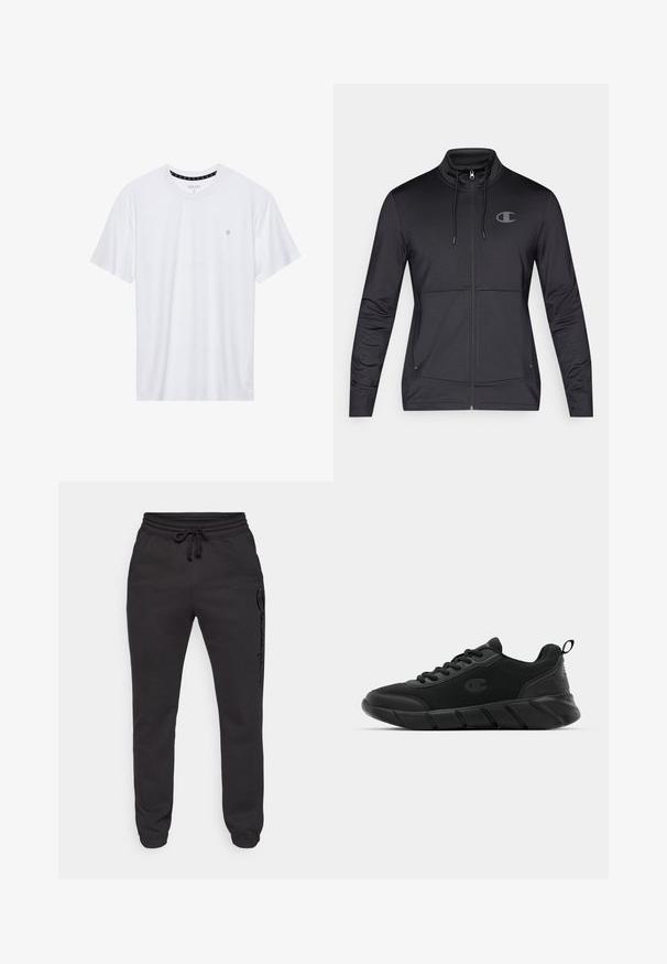 Fekete sportos cipzáras dzseki magas gallérral, húzózsinóros kapucnival és oldalsó zsebekkel. Sima anyag, finom fénylés, logó részlettel.; Fehér, pamutból készült folt nélküli póló, rövid ujjakkal és a bal melle részén elhelyezett, hímzett kis logóval. Puha tapintású.; Champion ICONS ELASTIC-CUFF SLIM FIT - Tréningruha alsók - black; Fekete sportcipők, hálós felsőrésszel, megerősített orrrésszel, texturált középtalppal és hátsó húzófüllel a könnyű felvétel érdekében. Logó a nyelv oldalán.