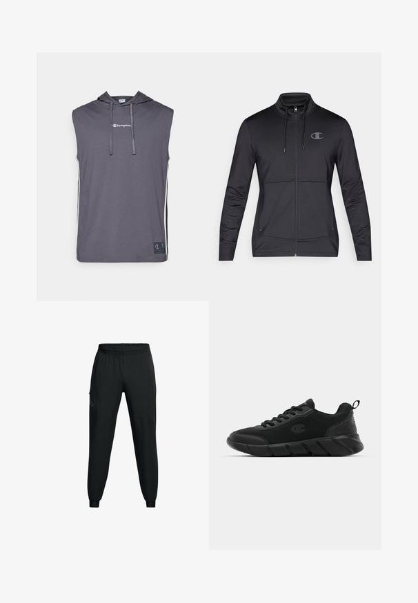 Μαύρο αθλητικό φούτερ με φερμουάρ και ψηλό γιακά, κουκούλα με κορδόνι και πλευρικές τσέπες. Λείος ύφασμα με διακριτική γυαλάδα και λεπτομέρεια λογότυπου.; Champion SLEEVELESS HOODIE - Μπλουζάκι με στάμπα - dark grey; Μαύροι αθλητικοί παντελόνες με ελαστική μέση, σχεδίαση κωνικής γραμμής, πλευρικές τσέπες και αντίθετες λεπτομέρειες πάνελ. Ελαφρύ, απαλό ύφασμα.; Μαύρα αθλητικά παπούτσια με πλέγμα στο πάνω μέρος, ενισχυμένη μύτη, υφασμάτινη σόλα με υφή και πίσω λουράκι για εύκολη φόρεση. Λογότυπο εμφανίζεται στο πλάι.