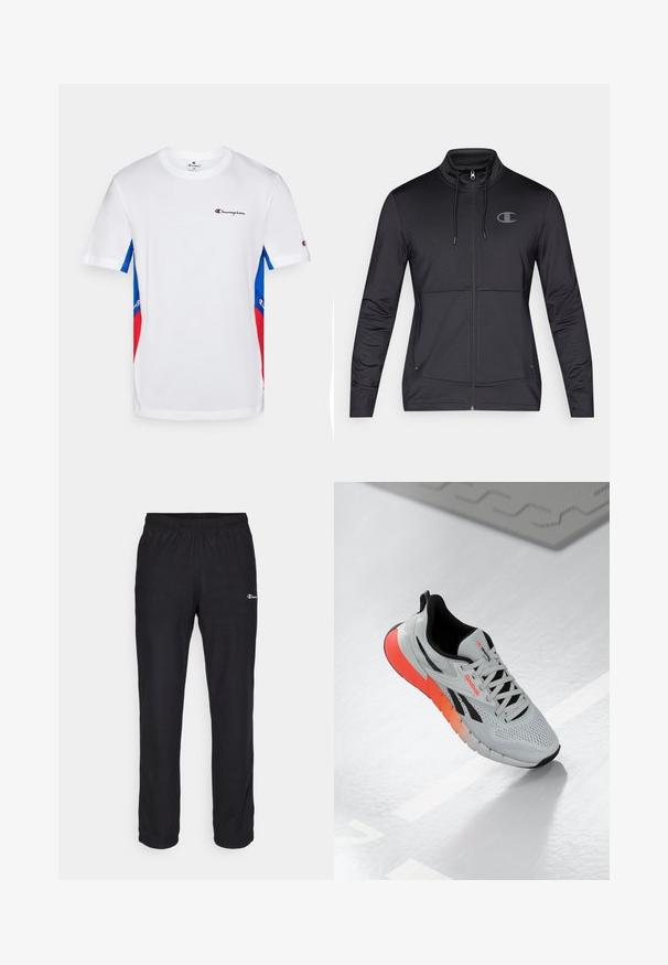 Crna sportska jakna na zip s visokim ovratnikom, kapuljačom sa vezicom i bočnim džepovima. Glatka tkanina s suptilnim sjajem i detaljem logotipa.; Bijela majica od pamuka, sa plavim i crvenim detaljima na rukavima, te malim izvezenim logotipom na prsima.; Champion ICONS STRAIGHT PANTS QUICK DRY - Donji dijelovi trenirke - black; Bijela atletska cipela s mrežastim gornjim dijelom, crnim detaljima i gradijentnom potplatom od narančaste do ružičaste. Ima dizajn s vezicama i zaobljenim vrhom.