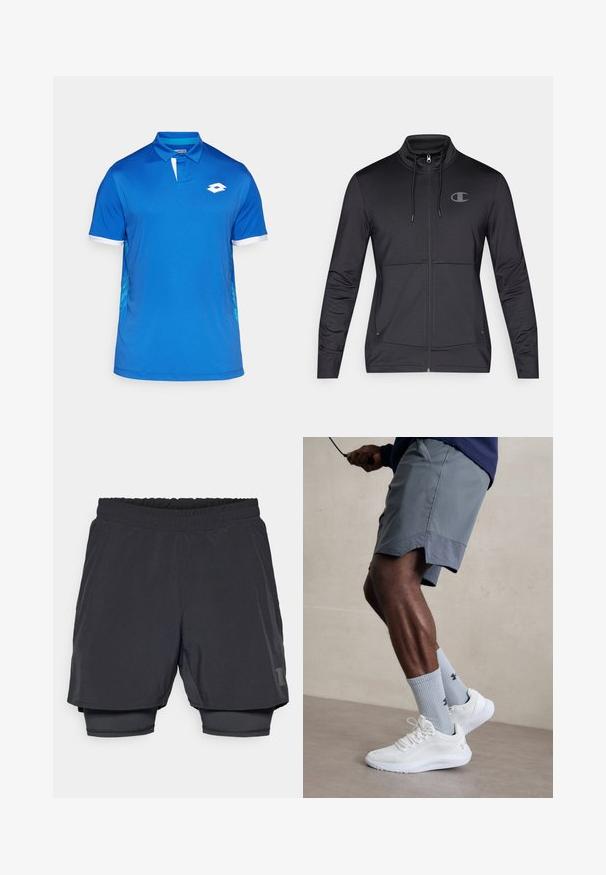 Melnas sporta jakas ar rāvējslēdzēju, augstu apkakli, kapuci ar auklām un sānu kabatām. Gluda auduma virsma ar vieglu spīdumu un logotipa detalizāciju.; Zils polo krekls ar baltu apkakli un akcentiem, kuram ir ģeometrisks raksts sānos. Izgatavots no viegla, gluda auduma.; Melnas sporta šortus ar elastīgu jostasvietu, slāņotu dizainu un pieguļošu iekšējo oderi. Ar vieglu logotipu apakšējā pusē.; Baltas sporta apavu pāris ar strukturētu acs virsu, apvienots ar gaiši zilo riboto zeķu pāri, kurā ir zīmols. Pelēki sporta šorti ar perforētu apdari.