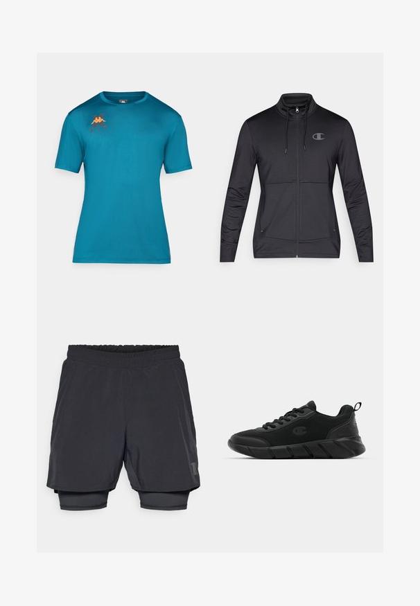 Črn atletski zip jopič z visokim ovratnikom, kapuco z vrvico in stranskimi žepi. Gladek material z rahlim leskom in detajlom logotipa.; Turkizna kratka majica s kratkimi rokavi iz gladkega materiala z okroglim ovratnikom. Ima majhen logotip v oranžni in temno rdeči barvi na prsih.; Črne športne kratke hlače z elastičnim pasom, plastno zasnovo in oprijetim notranjim podlogom. Na spodnji strani je subtilen logotip.; Črne športne teniske z mrežnim zgornjim delom, ojačano konico, teksturiranim srednjim delom in zadnjim držalom za enostavno obuvanje. Logotip prikazan na strani.