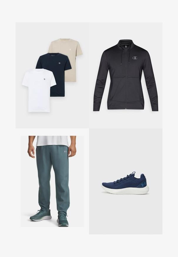 Mustade sportlikud tõmblukuga jakk kõrge kraega, kapuutsiga, millel on reguleeritav nööp ja külgmised taskud. Sile kangas, millel on kerge sära ja logo detail.; Kolm t-särki: valge, meri ja beež. Igal on ümmargune kaelus, lühikesed varrukad ja väike logo vasakul rinna kohal. Valmistatud puuvillast.; Kerged athleticud püksid sinakashallist kangast, millel on sile tekstuur, vasakul küljel hõbedane logo ja pahkluude suunas kitsenev sobivus.; Tumesinine jooksujalats tekstuuriga kudumpealsega, valge tallaga ja logoga aktsendiga. Omab madalat profiili ja nöörimise disaini.