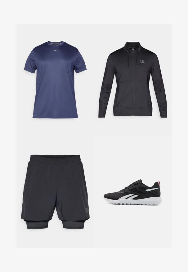 jaqueta desportiva preta com fecho zip, gola alta, capuz ajustável e bolsos laterais. Tecido liso com um brilho subtil e detalhe do logótipo.; T-Shirt atlético de manga curta em azul marinho, feito de um tecido liso e elástico. Apresenta um decote redondo e um logo discreto no peito.; Calções atléticos pretos com um cós elástico, design em camadas e um forro interior ajustado. Apresenta um logótipo discreto na parte inferior.; Roupas de atletismo pretas com um acabamento em rede, detalhes em branco, sola texturizada e uma aba no calcanhar vermelha para um toque adicional.